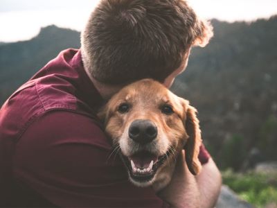 hugging a loyal dog 