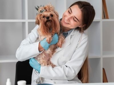 female dog with a vet